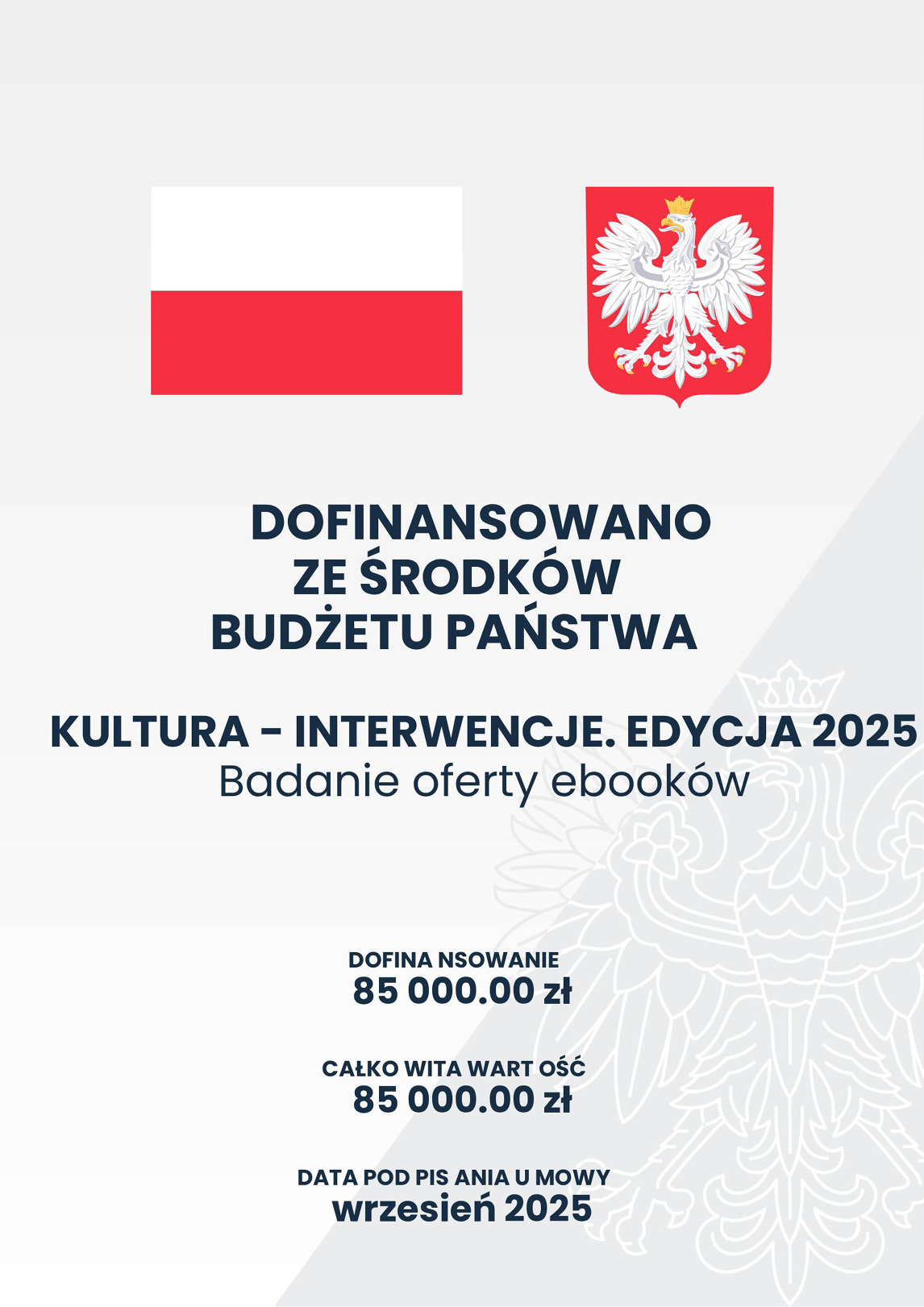 Grafika z flagą i godłem Polski. Tekst: Dofinansowano ze środków budżetu państwa, Kultura–Interwencje 2025, Badanie oferty ebooków.